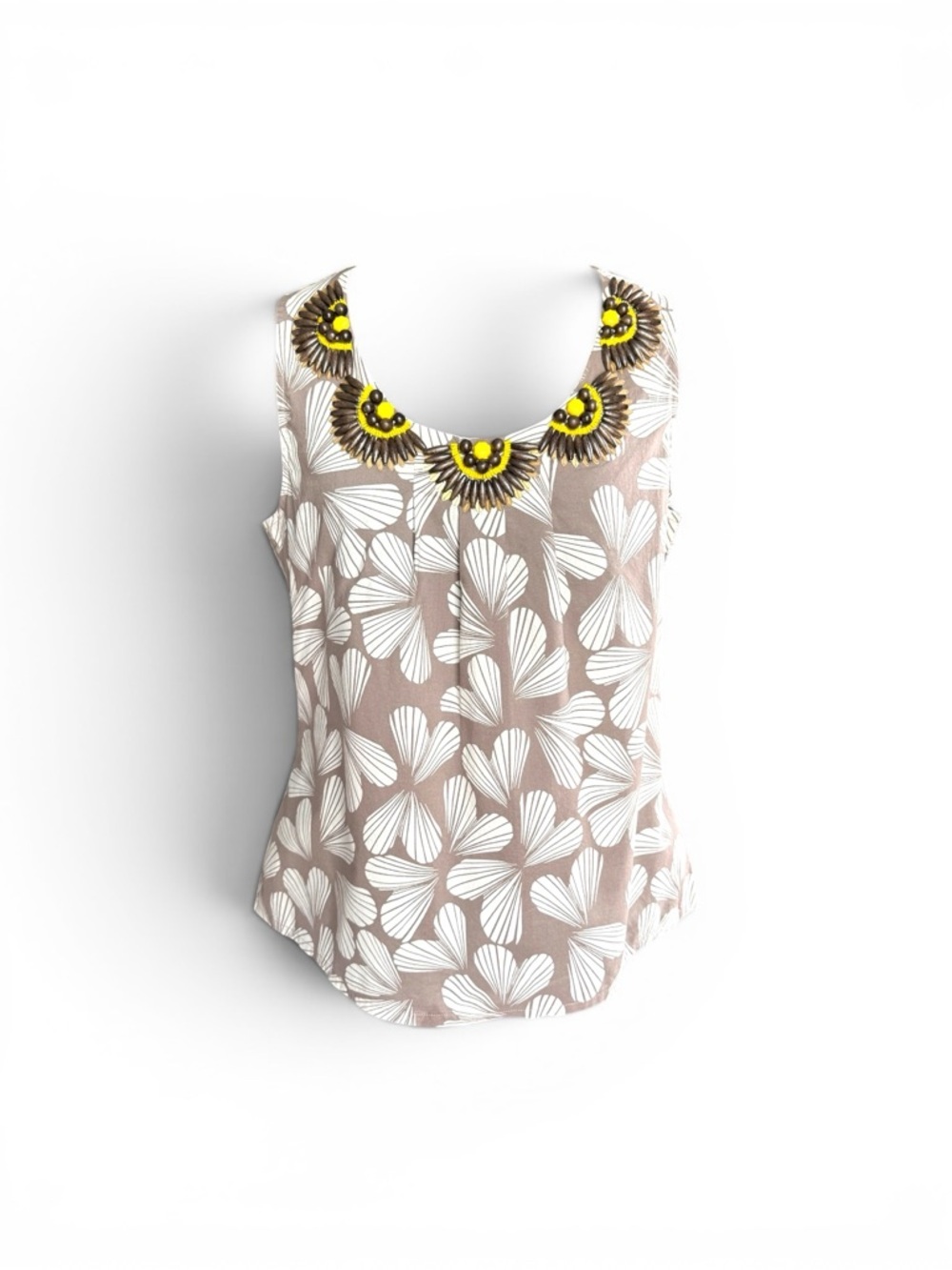 Boden Taupe Floral Sleeveless Top with Yellow Beaded Neckline - Picture 3 of 14